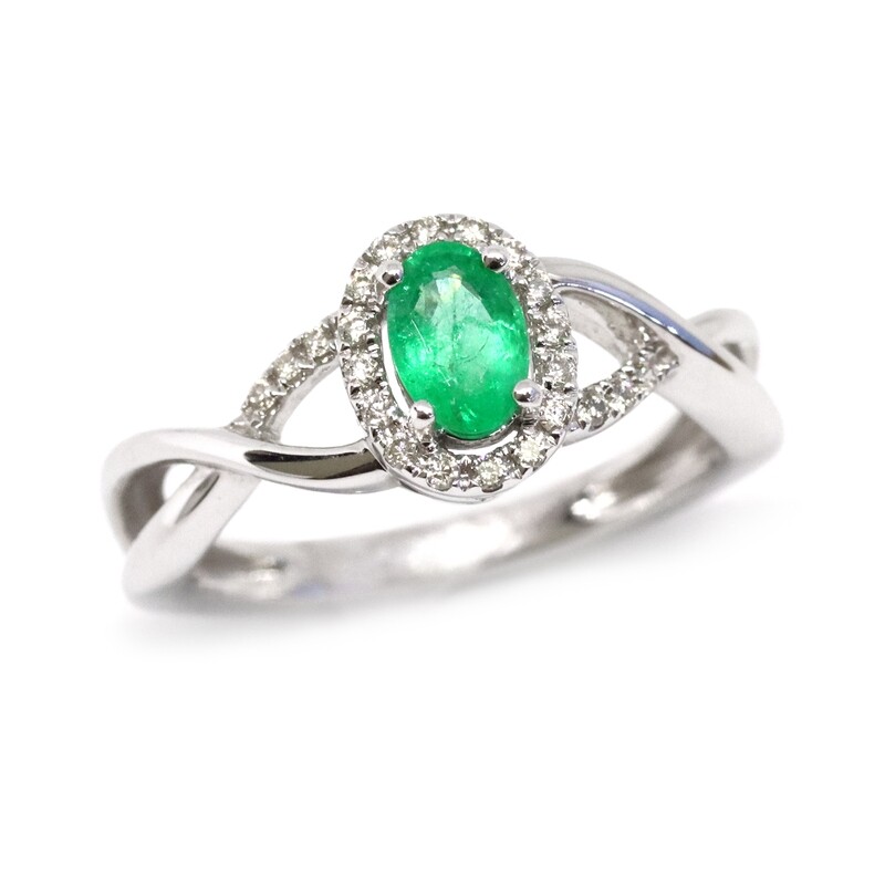 14KT White Gold Oval Emerald Diamond Halo Twist Ring