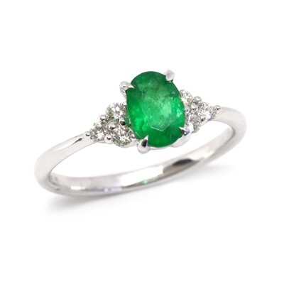 14KT White Gold Oval Emerald Six Diamond Accent Ring