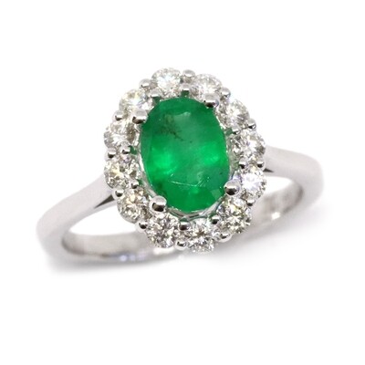 14KT White Gold Oval Emerald Diamond Halo Ring