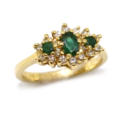 14KT Yellow Gold Oval and Two Round Emeralds Diamond Halos Ring