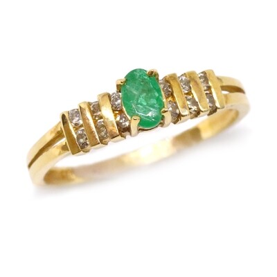 10KT Yellow Gold Oval Emerald Bar-Set Diamond Accent Ring