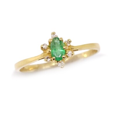 14KT Yellow Gold Oval Emerald Six Diamond Halo Ring