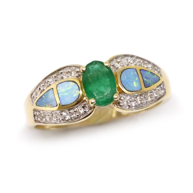 14KT Yellow Gold Oval Emerald with Opal Inlay and Diamond Ring