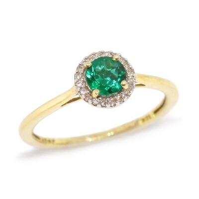 10KT Yellow Gold Round Created Emerald Diamond Halo Ring