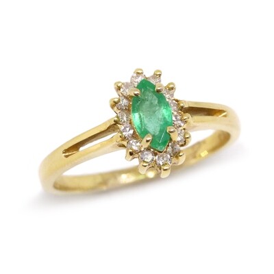 14KT Yellow Gold Marquis Emerald Diamond Halo Ring