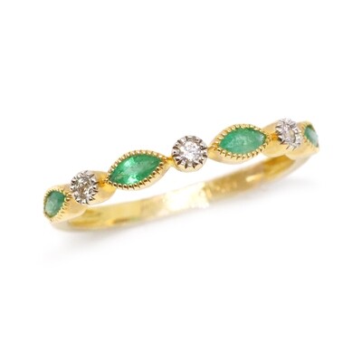 14KT Yellow Gold Marquis Emerald and Round Diamond Stackable Band