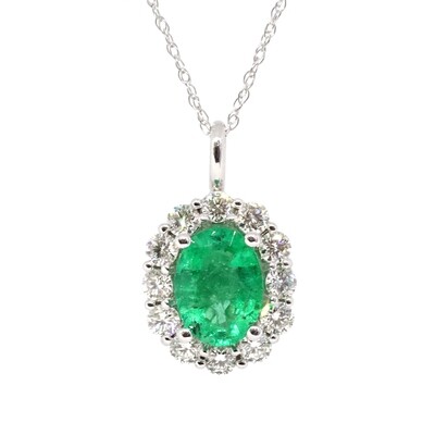 14KT White Gold Oval Emerald Diamond Halo Necklace