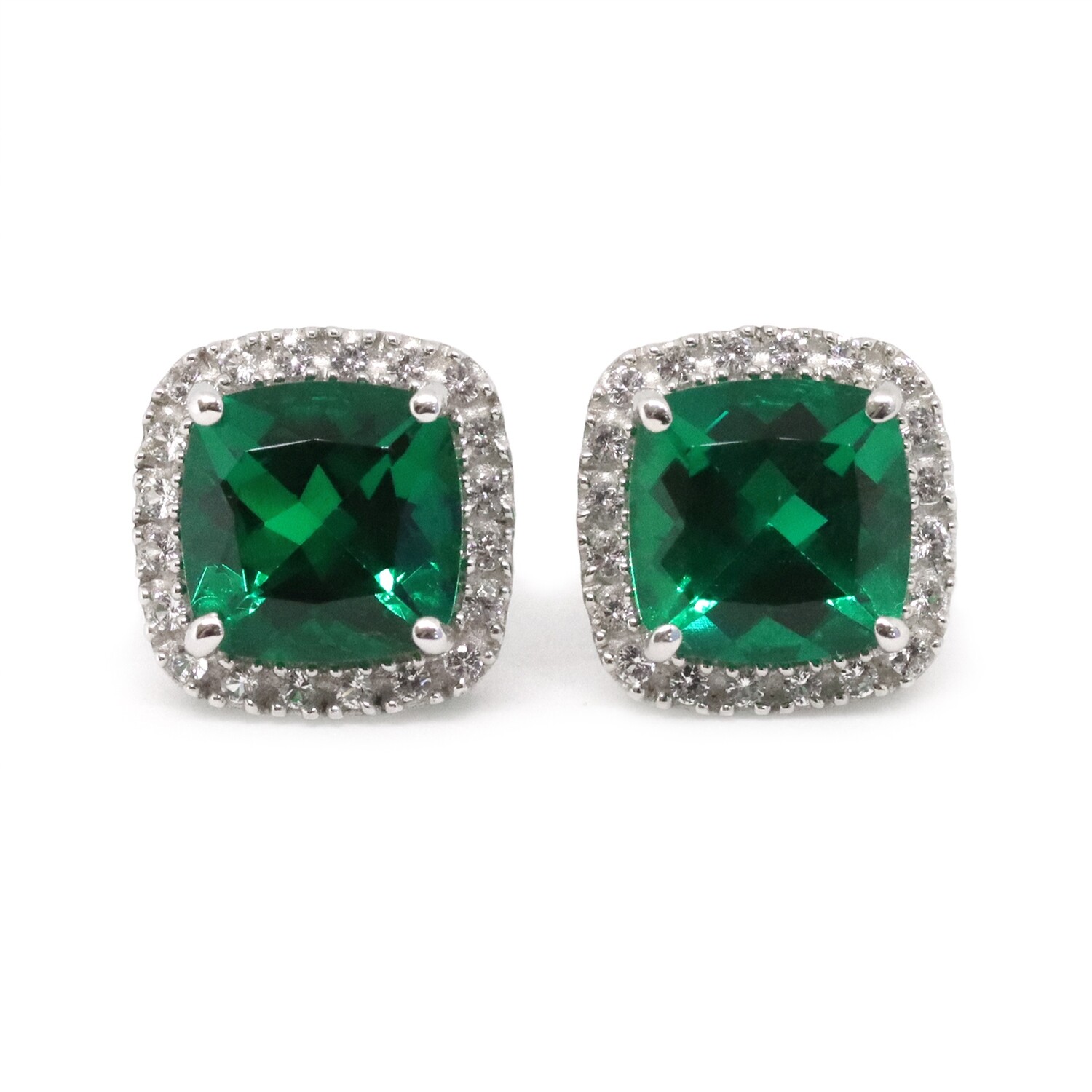 14KT White Gold Created Cushion Emerald Created White Sapphire Halo Stud Earrings