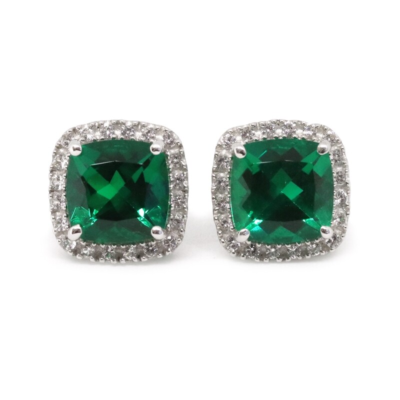 14KT White Gold Created Cushion Emerald Created White Sapphire Halo Stud Earrings