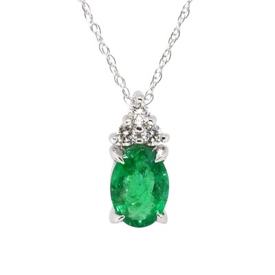 14KT White Gold Oval Emerald Three Diamond Accent Necklace