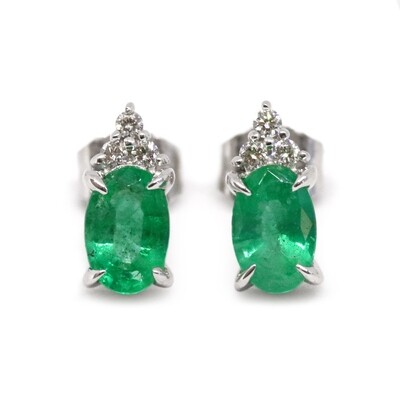 14KT White Gold Oval Emerald Diamond Cluster Accent Earrings