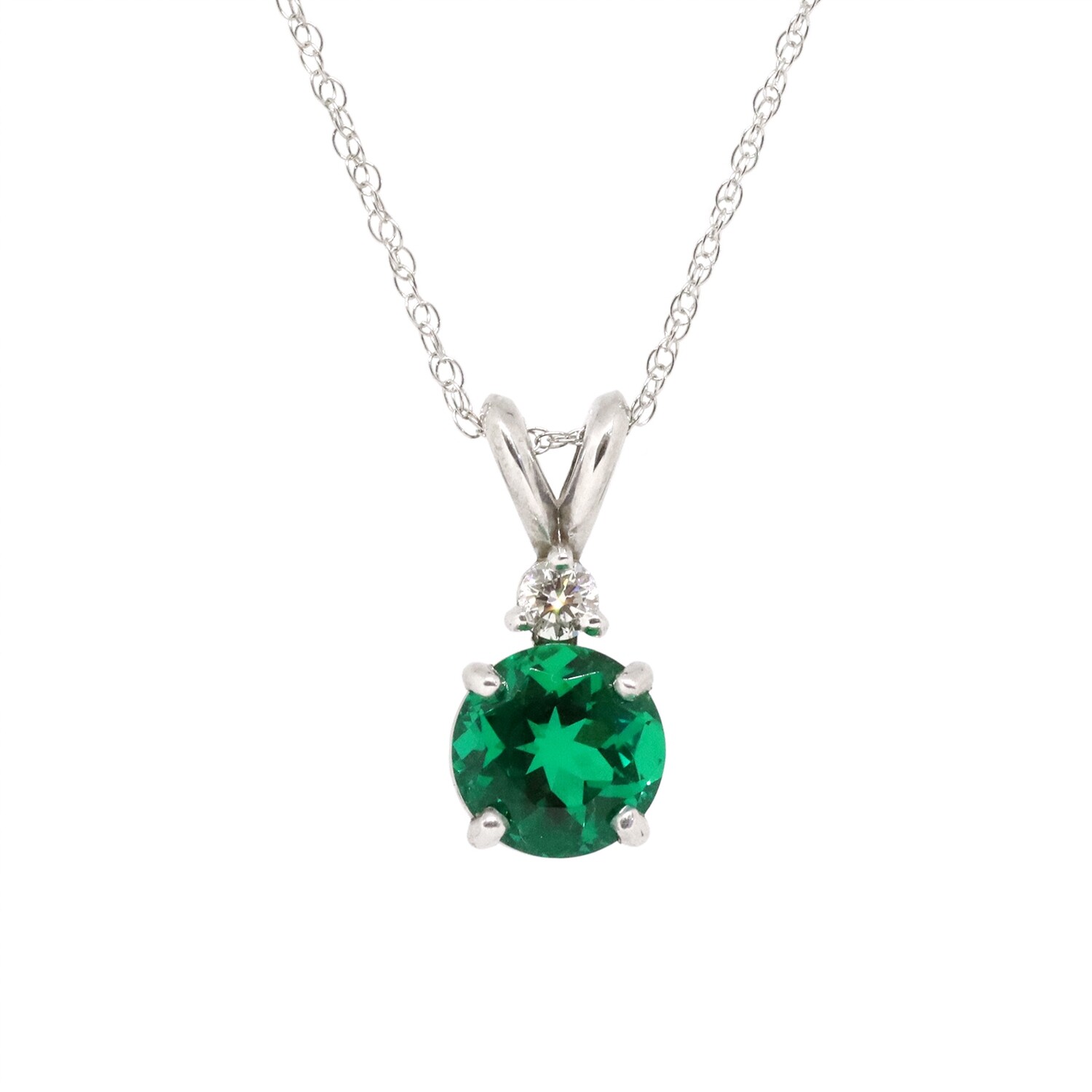 14KT White Gold Round Emerald Diamond Accent Necklace