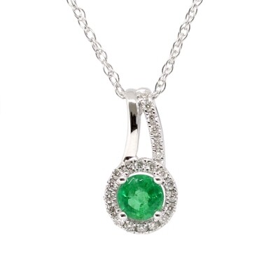 14KT White Gold Round Emerald Diamond Halo Necklace