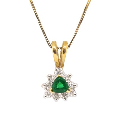 14KT Yellow Gold Trillion Emerald Diamond Halo Necklace