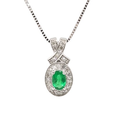 10KT White Gold Oval Emerald Diamond Halo Twist Necklace