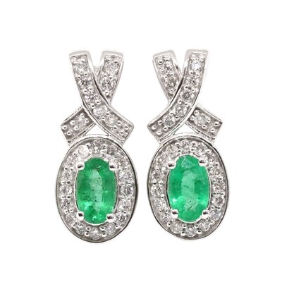 10KT White Gold Oval Emerald Diamond Halo Twist Earrings