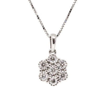 14KT White Gold Seven Diamond Cluster Miracle Plate Fashion Necklace