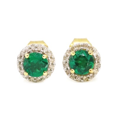 10KT Yellow Gold Created Round Emerald Diamond Halo Stud Earrings