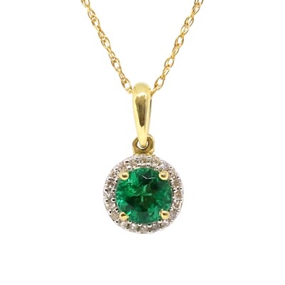 10KT Yellow Gold Created Round Emerald Diamond Halo Necklace