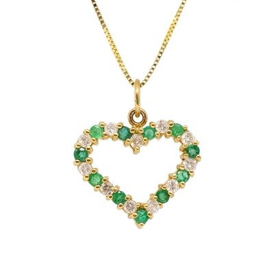 14KT Yellow Gold Round Emerald and Diamond Open Heart Necklace
