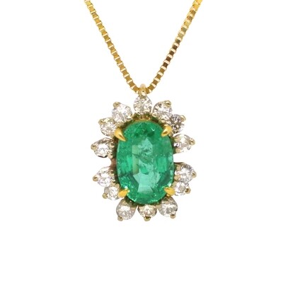14KT Yellow Gold Oval Emerald Diamond Halo Necklace