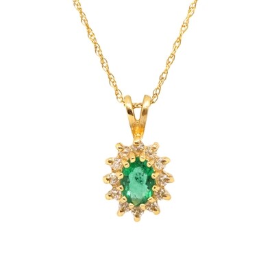 14KT Yellow Gold Oval Emerald Diamond Halo Necklace