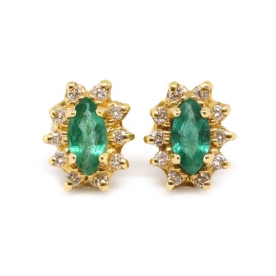 14KT Yellow Gold Marquis Emerald Diamond Halo Stud Earrings