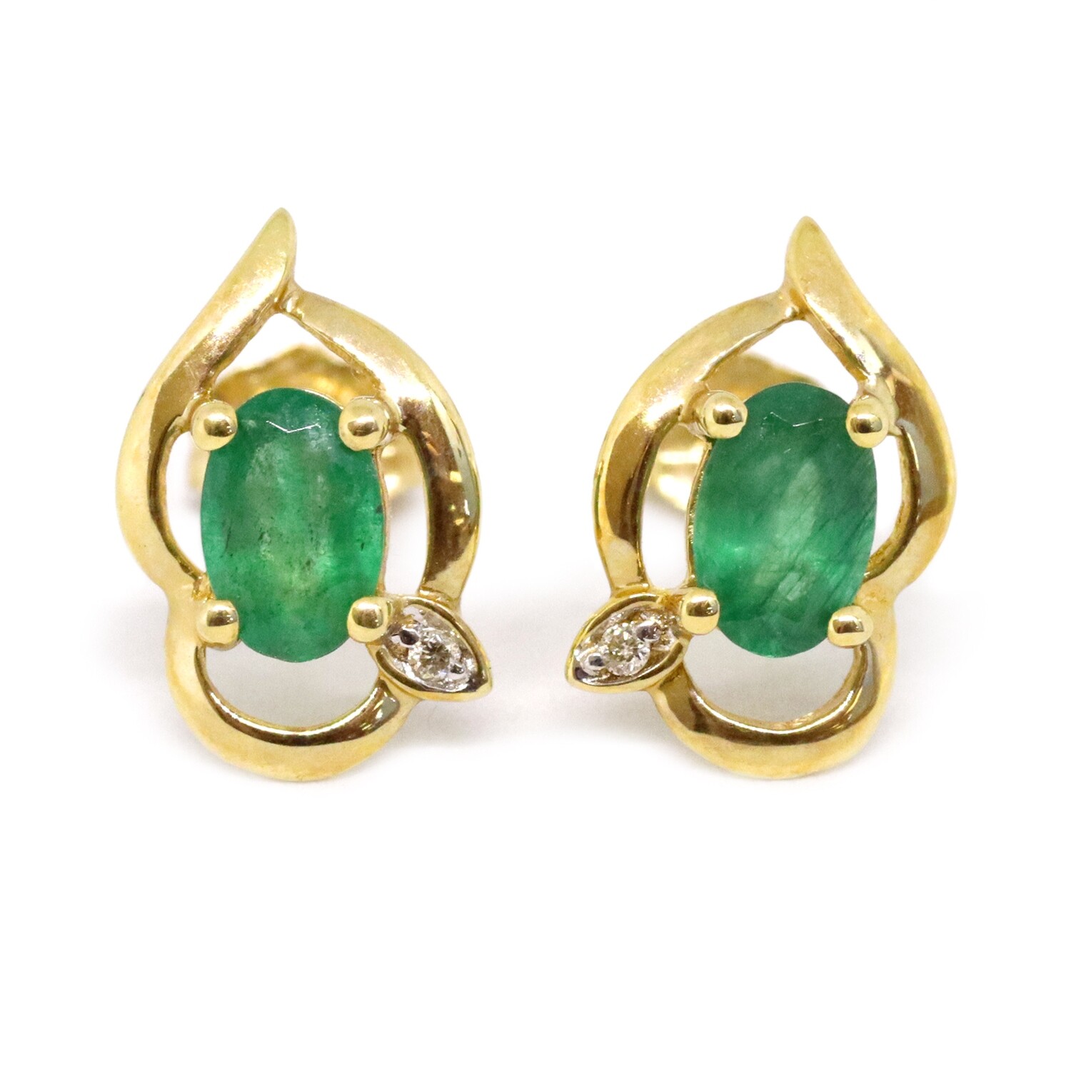 14KT Yellow Gold Oval Emeralds Round Diamond Accent Swirl Earrings