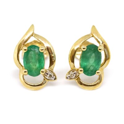 14KT Yellow Gold Oval Emeralds Round Diamond Accent Swirl Earrings
