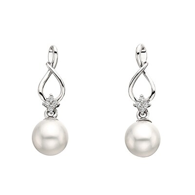 10KT White Gold Pearl Round Diamond Twist Earrings