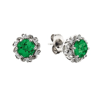 10KT White Gold Round Created Emerald Diamond Halo Stud Earrings