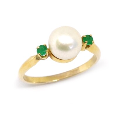 14KT Yellow Gold Pearl and Two Round Emerald Accent Ring