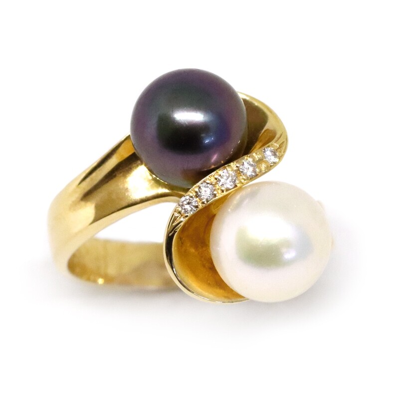 14KT Yellow Gold Tahitian and Akoya Pearls and  Diamond Swirl Ring