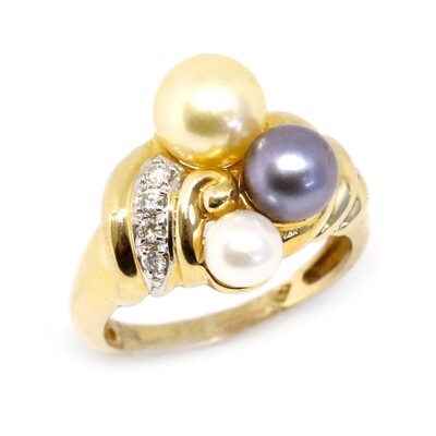 14KT Yellow Gold Three Multicolored Pearl Diamond Twist Ring