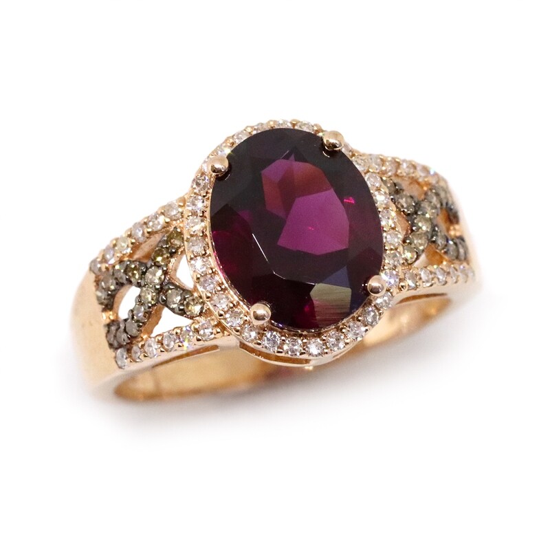 14KT Rose Gold Oval Rhodolite Garnet Chocolate and White Diamond Ring
