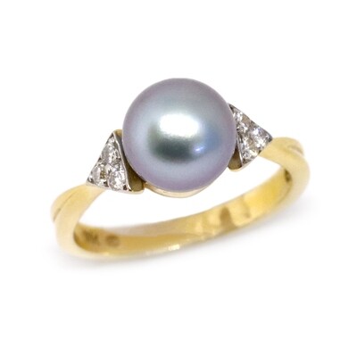 14KT Yellow Gold Black Pearl Diamond Accent Ring