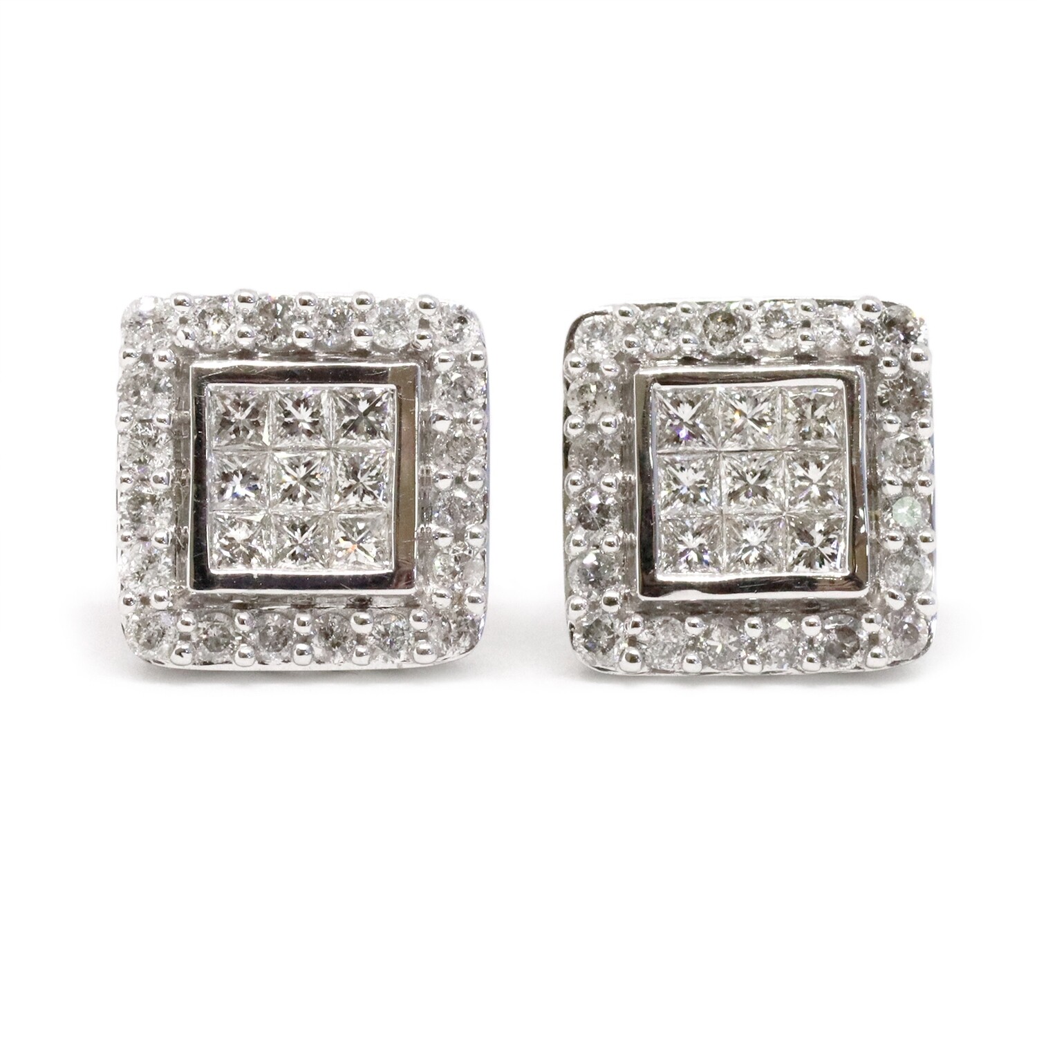 10KT White Gold Princess Diamond Cluster and Halo Stud Earrings