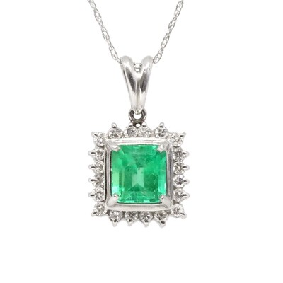 Platinum Square Emerald Diamond Halo Necklace