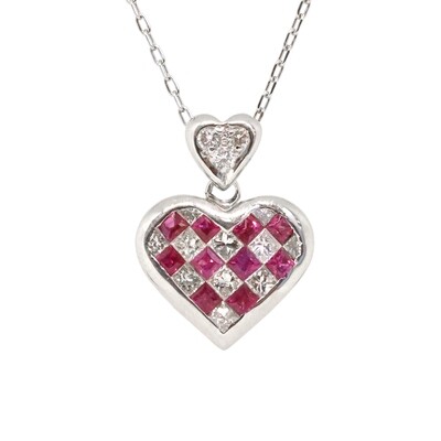 Platinum Princess Ruby and Diamond Cluster Heart Necklace