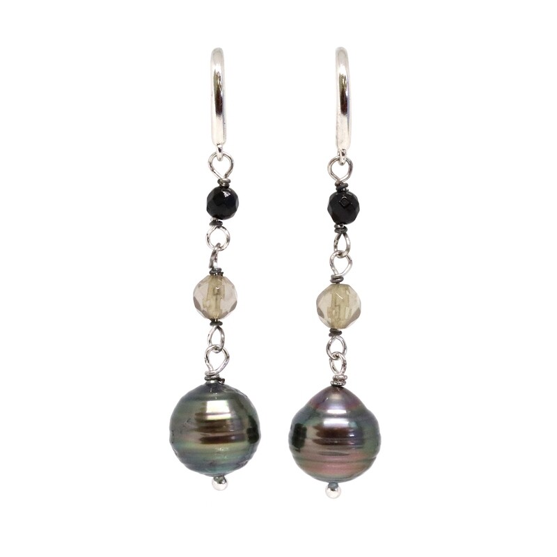 Silver Tahitian Pearl, Black Agate, and Smokey Quartz Dangle Earrings