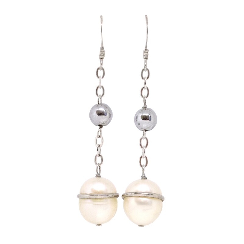 Silver Freshwater Pearl and Hematite Dangle Earrings