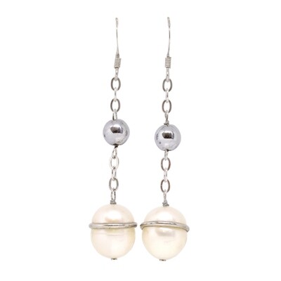 Silver Freshwater Pearl and Hematite Dangle Earrings