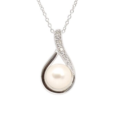 Silver Pearl Diamond Accent Swirl Necklace