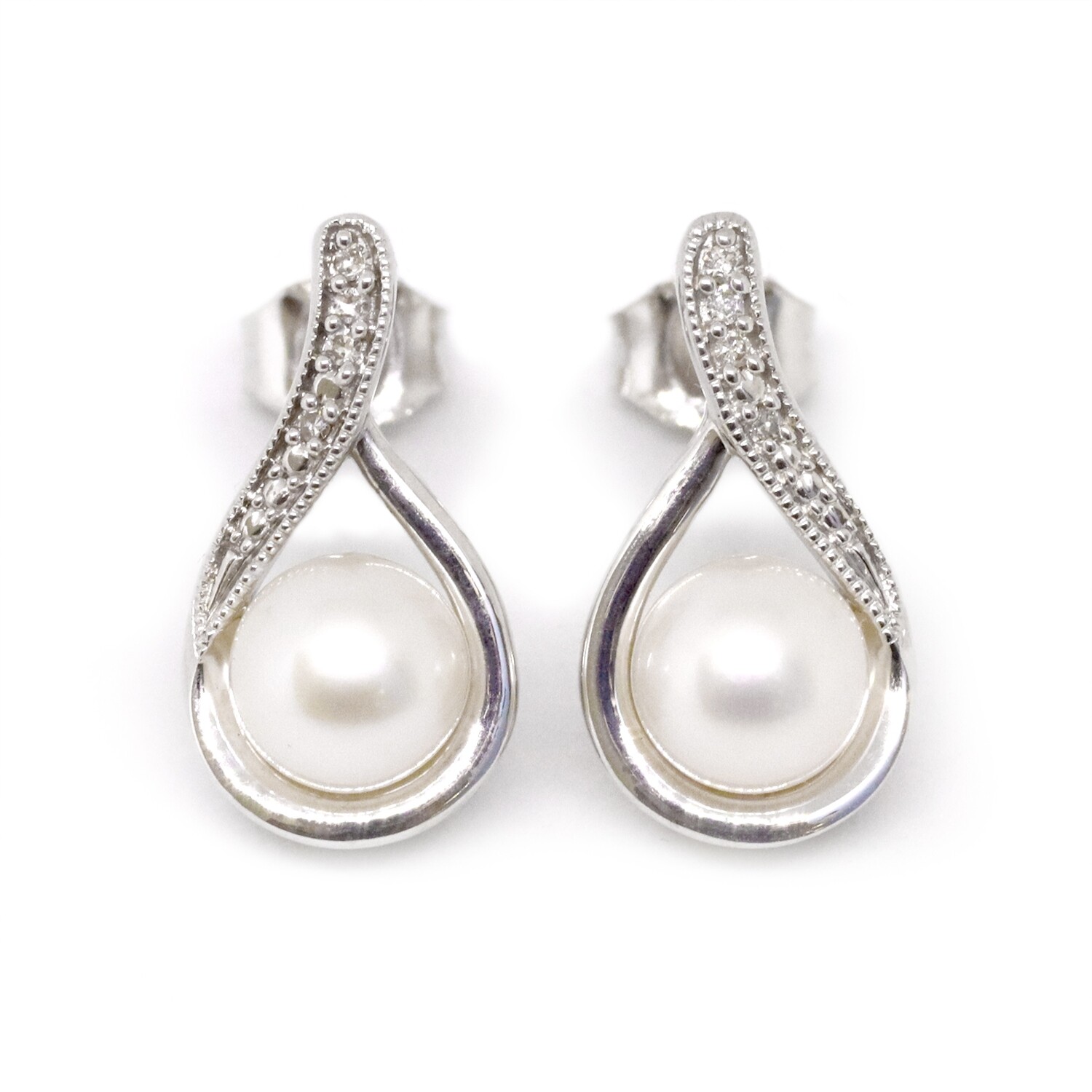Silver Pearl Diamond Accent Swirl Earrings