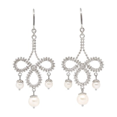 Silver Freshwater Pearl Lace Bead Dangle Earrings