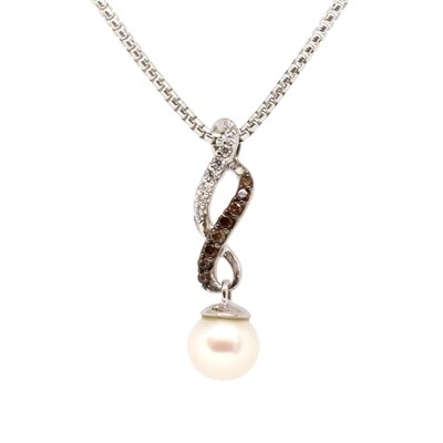 Silver Pearl with White and Chocolate Cubic Zirconium Twist Necklace