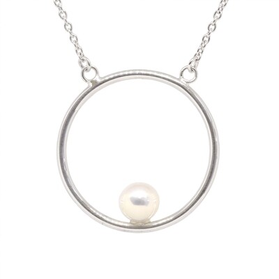Silver Freshwater Pearl Open Circle Necklace