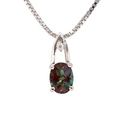 Silver Created Checkered Oval Alexandrite Diamond Accent Necklace
