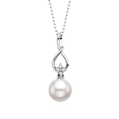 10KT White Gold Pearl Four Diamond Accent Twist Necklace
