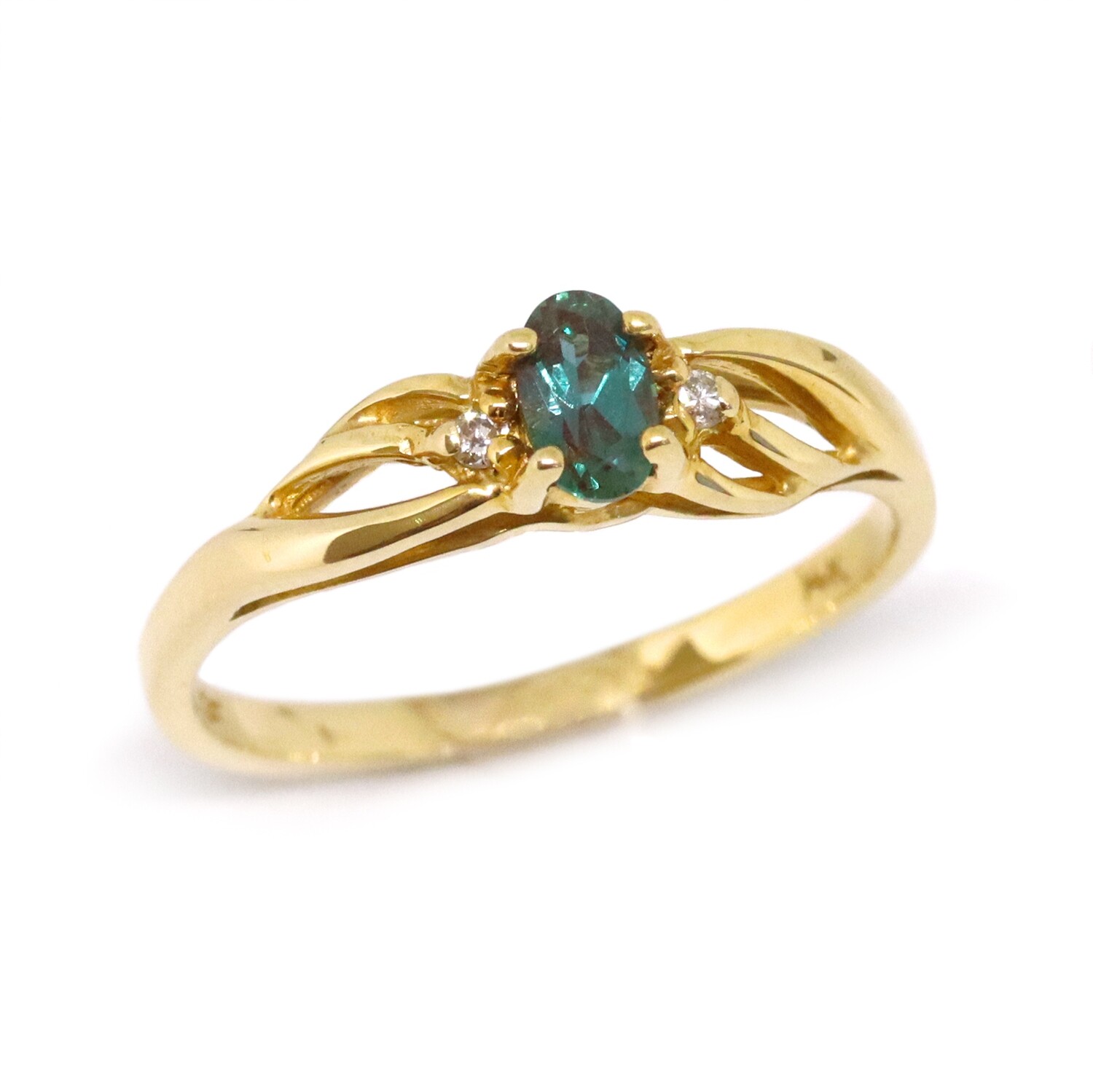 14KT Yellow Gold Created Oval Alexandrite Diamond Accent Swirl Ring